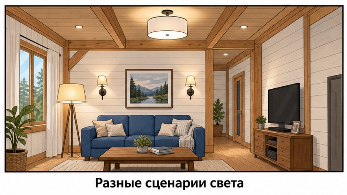 Разные сценарии освещения в гостиной каркасного дома