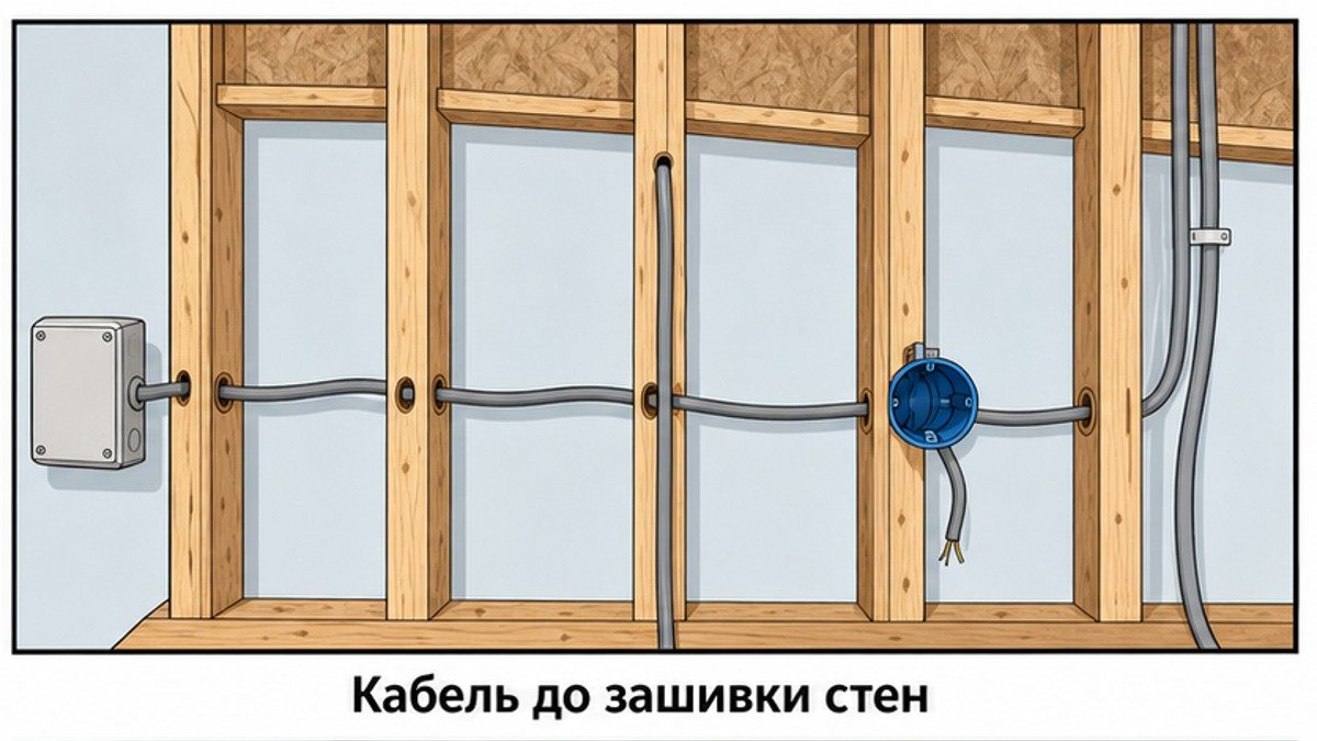 Прокладка кабеля в каркасной стене до зашивки