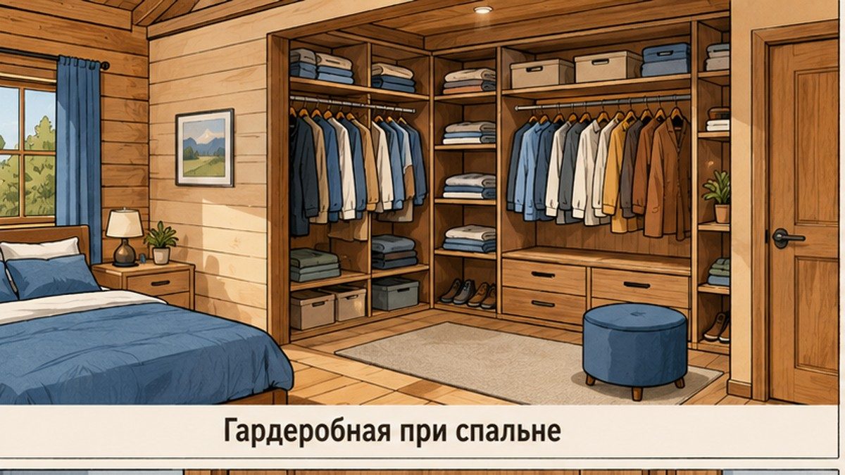 Гардеробная при спальне в каркасном доме