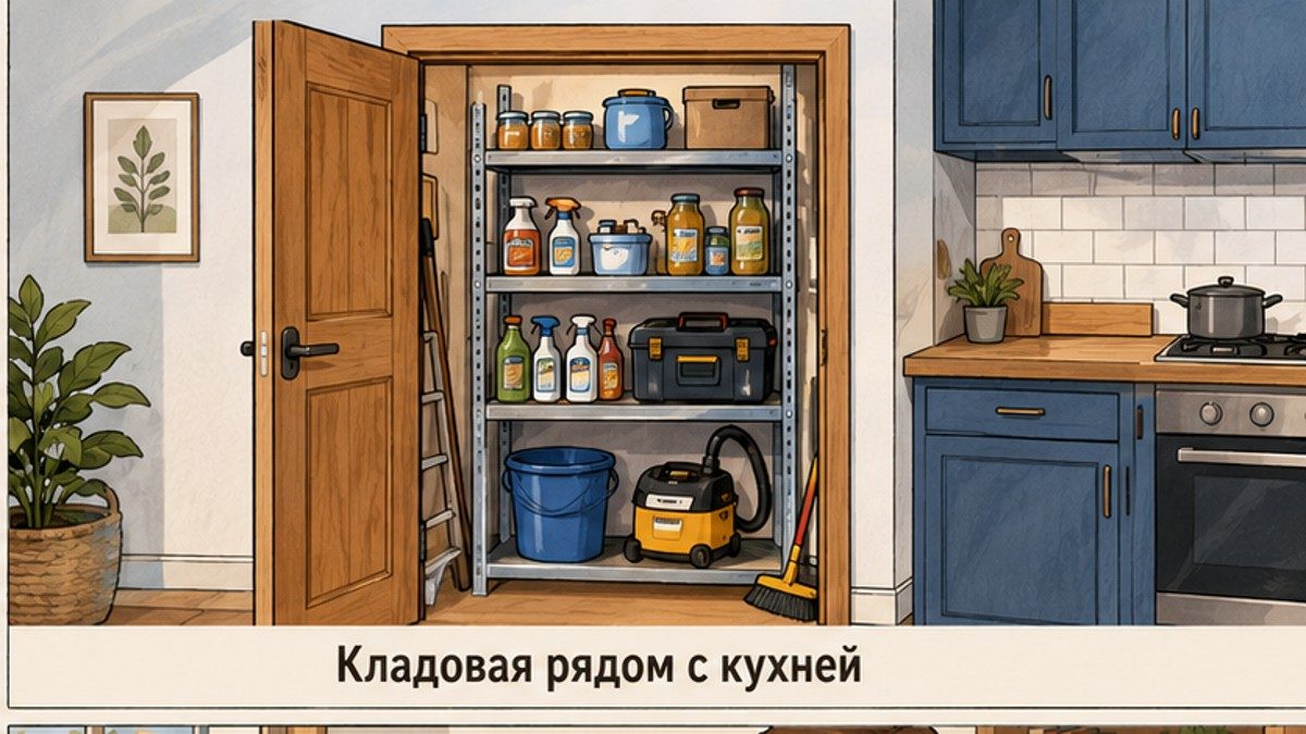Техническая кладовая рядом с кухней в каркасном доме