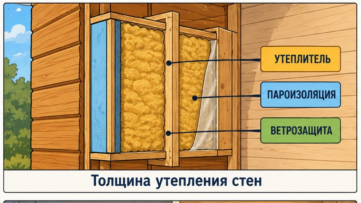 Толщина утепления стены каркасного дома в разрезе