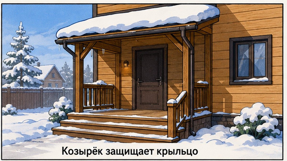 Крыльцо с козырьком защищено от снега зимой