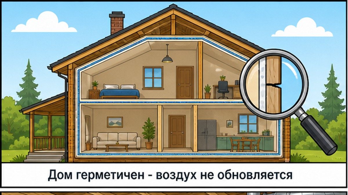 Герметичный каркасный дом в разрезе - воздух не обновляется сам по себе