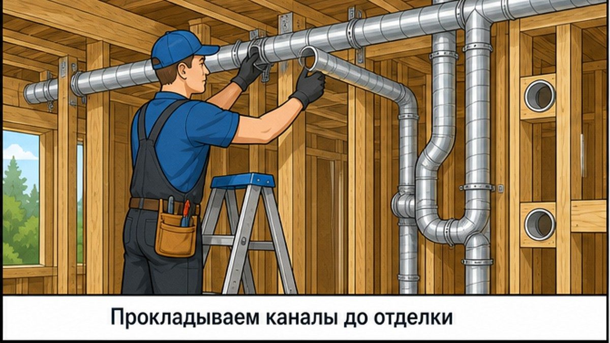 Монтаж вентиляционных каналов в каркасе дома до закрытия стен отделкой