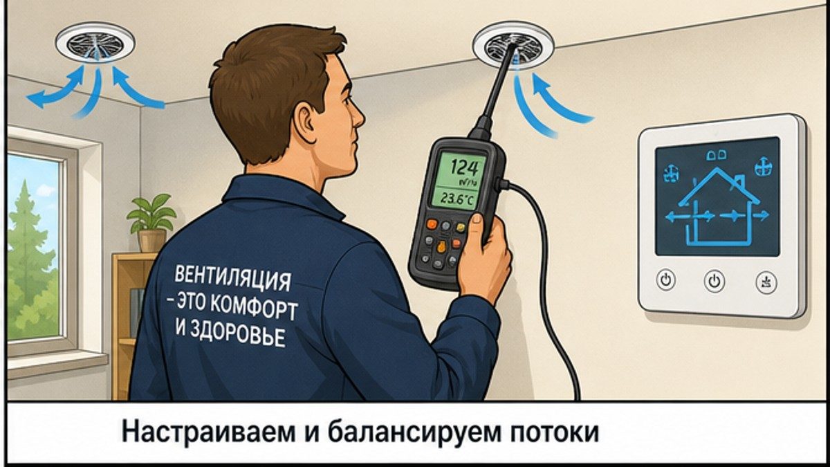 Специалист настраивает и балансирует систему вентиляции после монтажа
